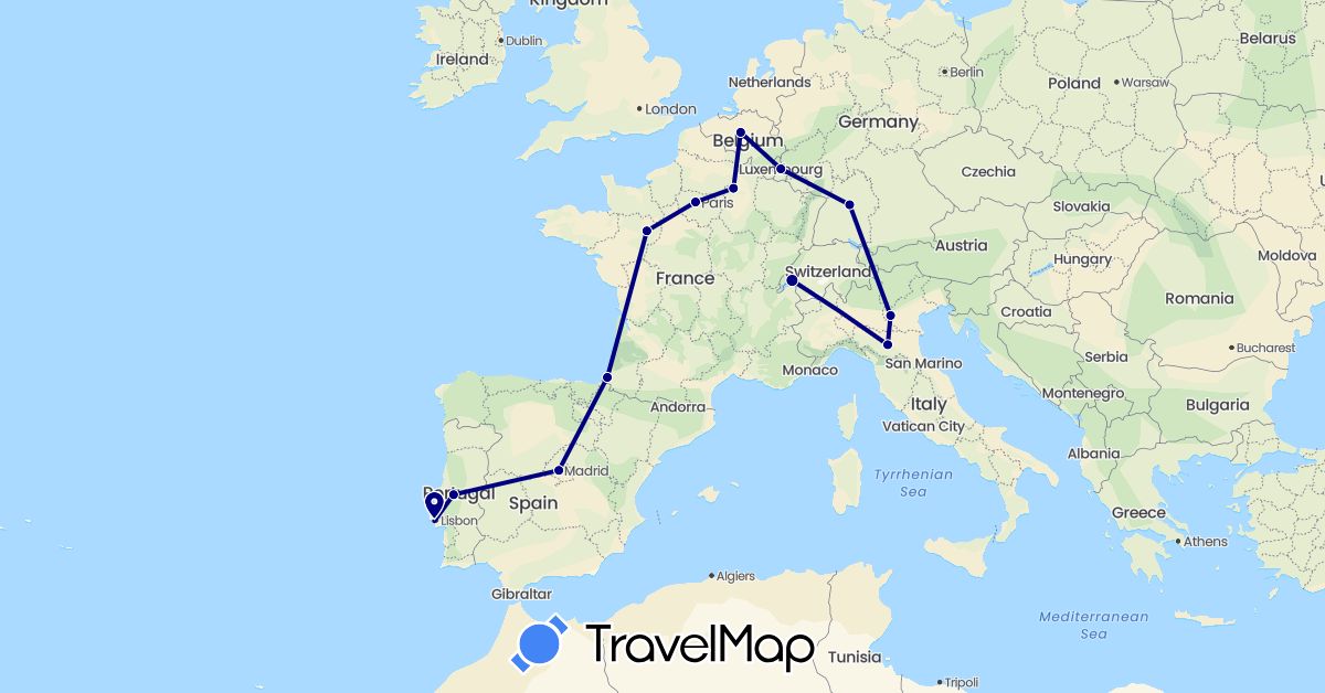 TravelMap itinerary: driving in Belgium, Switzerland, Germany, Spain, France, Italy, Luxembourg, Portugal (Europe)